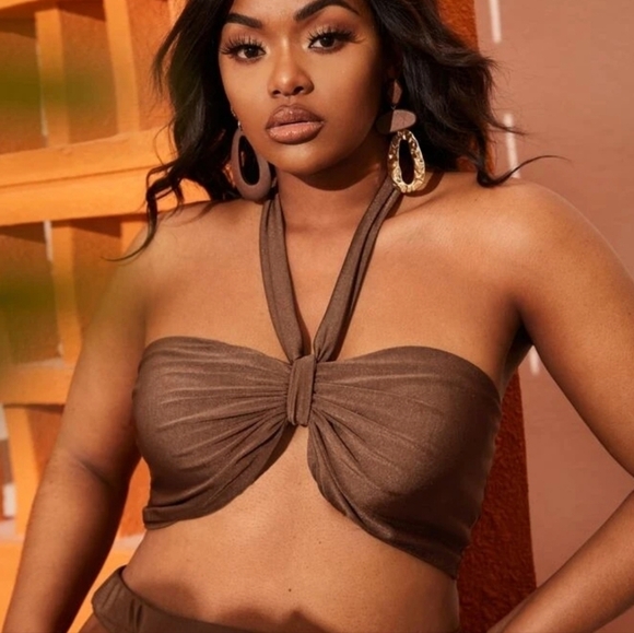 Shein Chocolate brown tie back cropped halter top 2XL - Picture 3 of 7
